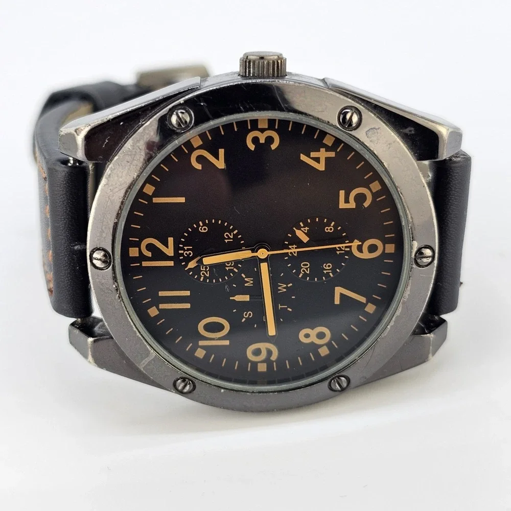 Men's Analog Watch 46MM Black Dial Brown Faux Leather Bands New Battery